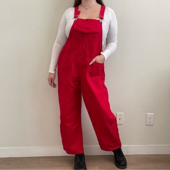 BIG TIME Vintage 90s Vibrant Red Jean Retro Utility Straight Leg Bib Overalls - Picture 1 of 16